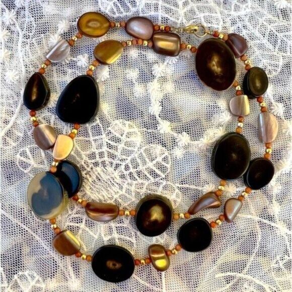 Vintage 70's Natural Horn, Coral & Abalone Shell Necklace 25” - Picture 10 of 14